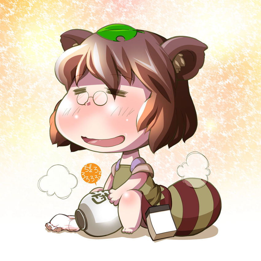 =_= alcohol animal_ears barefoot between_legs bloomers_removed blush bottle brown_hair chamupei chibi closed_eyes futatsuiwa_mamizou glasses highres leaf leaf_on_head pee peeing peeing_in_bottle raccoon_ears raccoon_tail sake shirt sitting skirt smile solo tail tanuki touhou