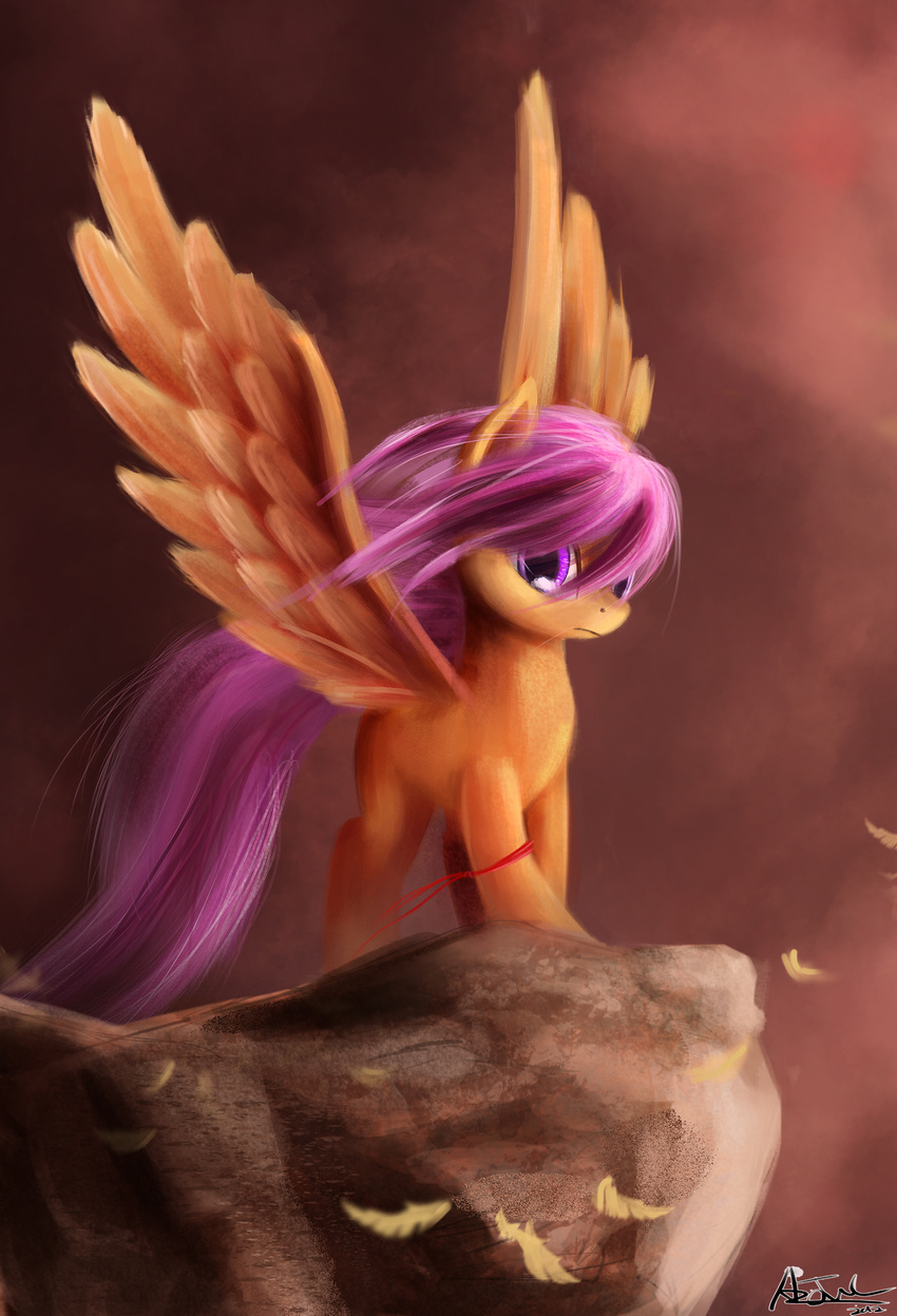 aeronjvl cliff cub cutie_mark_crusaders_(mlp) equine feather female feral friendship_is_magic hair hi_res horse looking_at_viewer mammal my_little_pony pegasus pink_eyes pink_hair pony ribbons scootaloo_(mlp) simple_background solo wings young