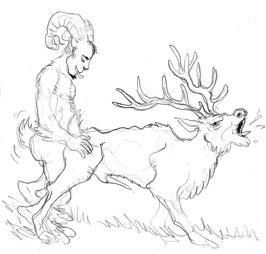 bestiality black_and_white bracciotoon erection eyes_closed feral gay interspecies male monochrome penis satyr stag