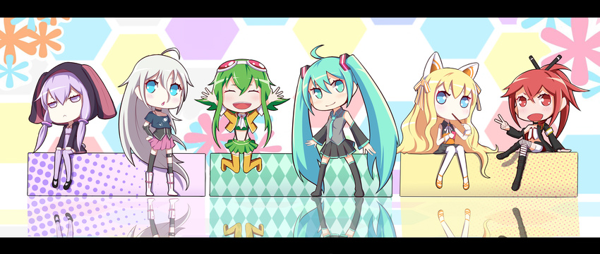 absurdres ahoge animal_ears aqua_eyes aqua_hair bad_id bad_pixiv_id blonde_hair blue_eyes braid cul goggles green_hair gumi hatsune_miku highres ia_(vocaloid) letterboxed long_hair looking_at_viewer megpoid_(vocaloid3) multiple_girls open_mouth pink_hair ponytail purple_eyes purple_hair red_eyes red_hair seeu short_hair sitting skirt smile twin_braids very_long_hair vocaloid voiceroid yuzuki_yukari zeroshiki_kouichi