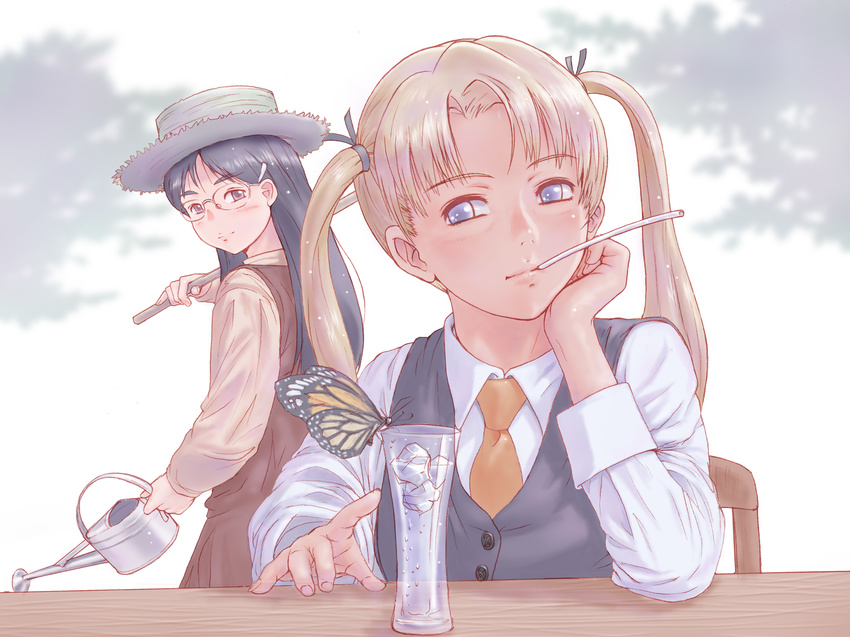 black_hair blonde_hair blue_eyes brown_eyes bug butterfly chin_rest claes drinking_straw glass glasses gun gunslinger_girl hair_ornament hairclip highres ice insect long_hair mouth_hold multiple_girls necktie smile triela twintails watering_can weapon yoshikawa_kazunori
