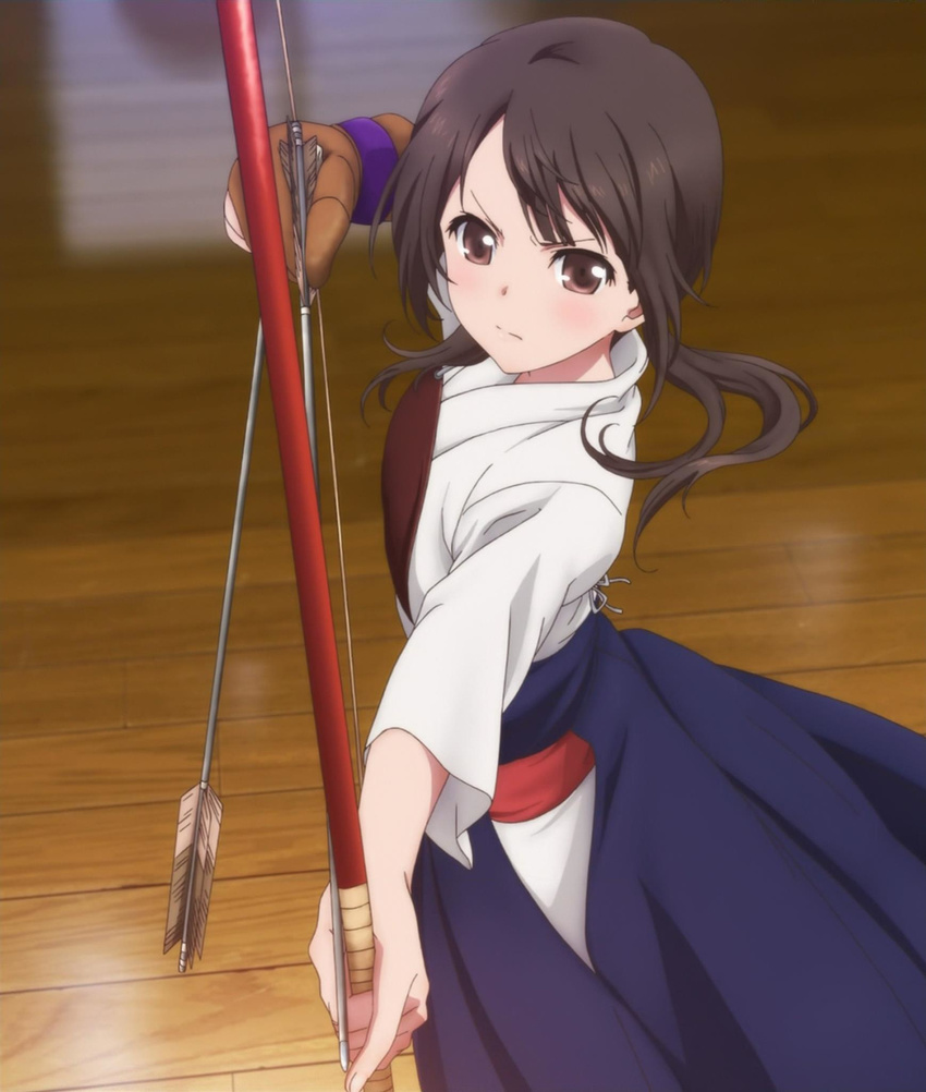 archery arrow bow_(weapon) brown_eyes brown_hair gloves hakama highres hip_vent japanese_clothes muneate official_art okita_sawa partly_fingerless_gloves purple_hakama school_uniform screencap tari_tari weapon wooden_floor yugake