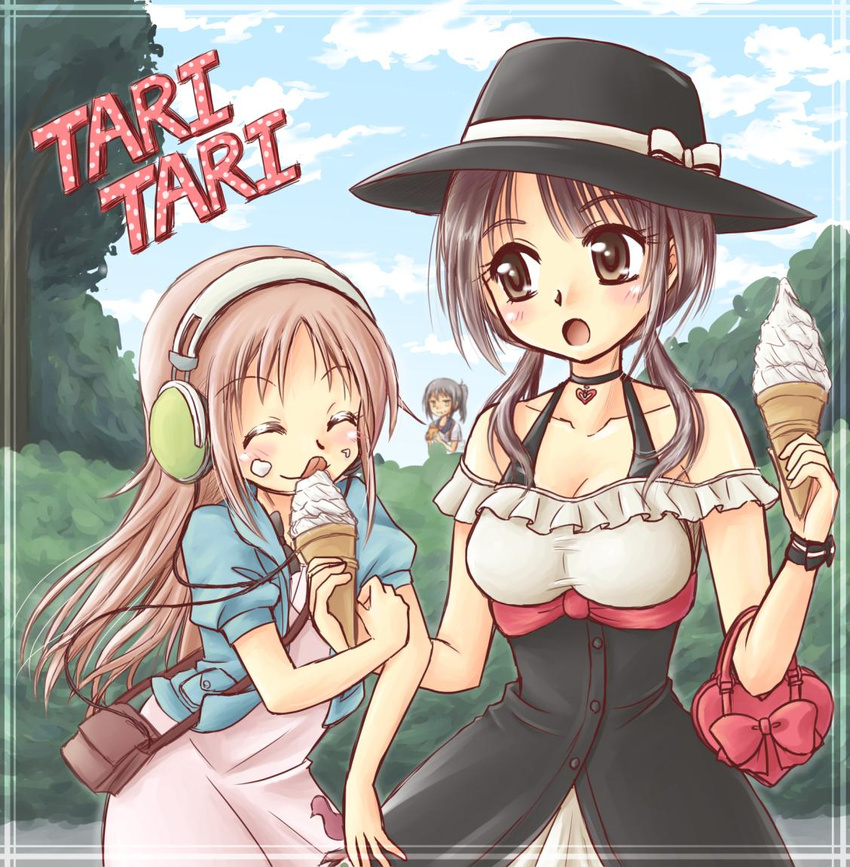 :o :q akihara_ryou arm_grab bag bare_shoulders black_hair blurry breasts brown_eyes brown_hair bush choker cleavage closed_eyes cloud collarbone copyright_name day depth_of_field dress food food_on_face handbag hat headphones heart ice_cream ice_cream_cone ice_cream_on_face long_hair medium_breasts miyamoto_konatsu multiple_girls okita_sawa ponytail sakai_wakana short_hair sky smile tari_tari tongue tongue_out twintails wristband