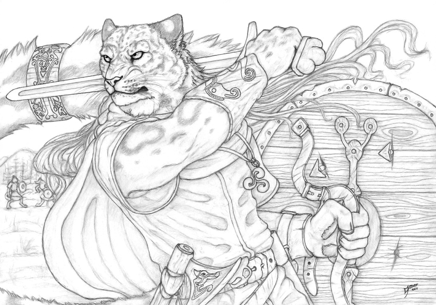 angry battle feline hair leopard long_hair male mammal melee_weapon monochrome qzurr shield sketch snow_leopard solo sword weapon