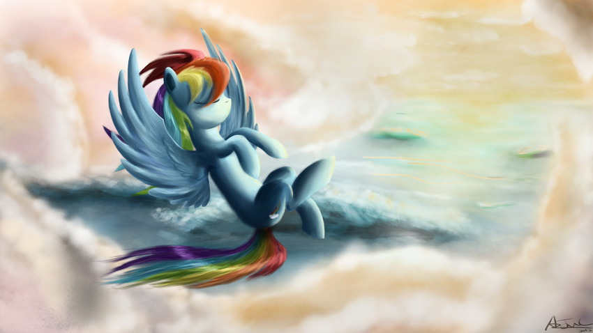 aeronjvl cloud clouds cutie_mark detailed_background equine eyes_closed female feral friendship_is_magic hair hi_res horse mammal multi-colored_hair my_little_pony pegasus pony rainbow_dash_(mlp) rainbow_hair sea solo water wings