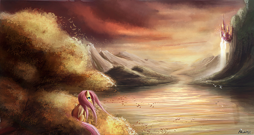 aeronjvl amazing_background birds blue_eyes castle equine female feral fluttershy_(mlp) friendship_is_magic hair hi_res horse mammal mountain my_little_pony outside pegasus pink_hair pony river sitting solo tree warm_colors water waterfall wings wood