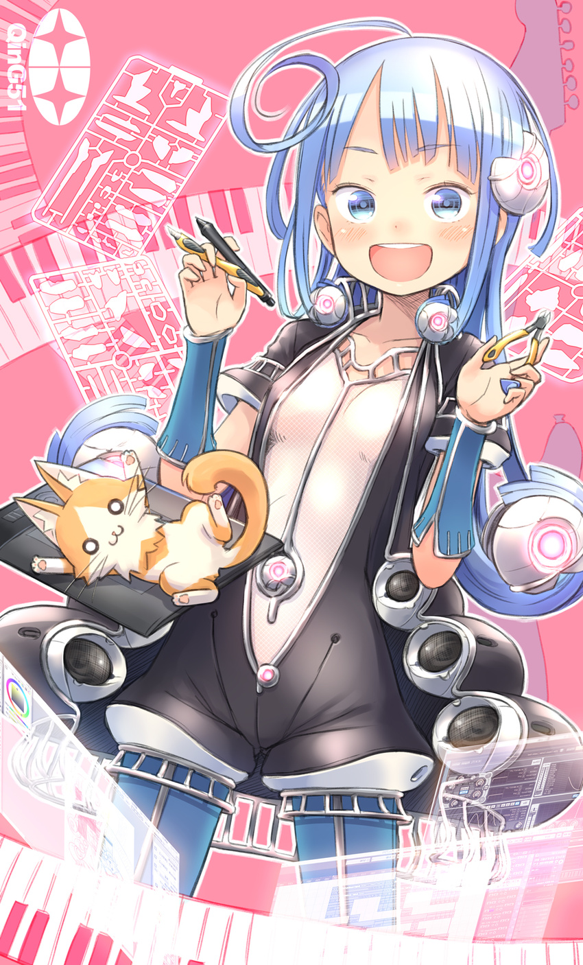 ahoge blue_eyes blue_hair blush cat hair_ornament highres instrument keyboard_(instrument) kuinji_51go long_hair open_mouth original pen smile solo