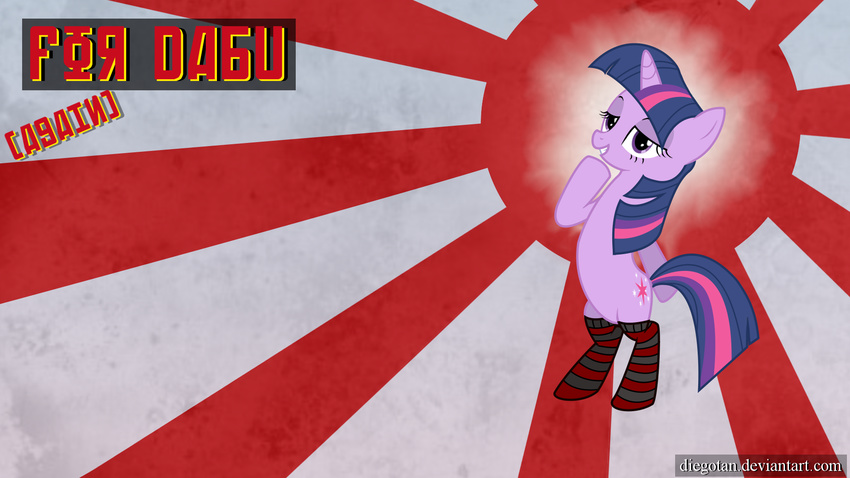 clothing cutie_mark cyrillic_text diegotan english_text equine female flag friendship_is_magic hair hi_res horn horse japanese_flag japanese_naval_ensign mammal multi-colored_hair my_little_pony pink_hair pony purple_body purple_eyes purple_hair russian_text simple_background smile socks solo text three_color_hair twilight_sparkle_(mlp) unicorn wallpaper