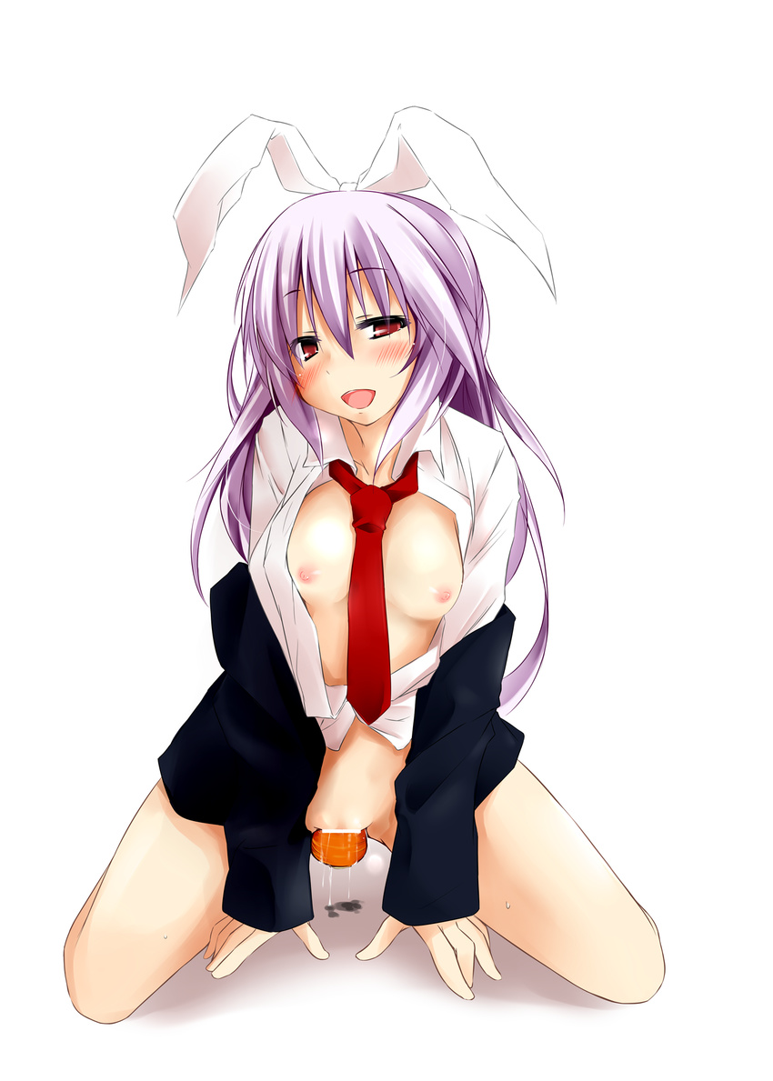 all_fours animal_ears blazer blush bottomless breasts bunny_ears carrot censored dd_mayohara dildo dress_shirt food food_insertion highres jacket kneeling long_hair necktie nipples no_bra object_insertion open_clothes open_mouth open_skirt purple_hair pussy_juice red_eyes red_neckwear reisen_udongein_inaba shirt simple_background skirt small_breasts smile solo touhou vaginal white_background