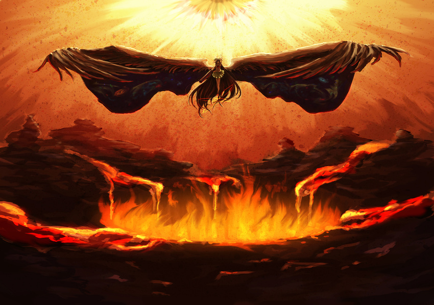 arm_cannon atom bad_id bad_pixiv_id black_hair cape epic flying highres large_wings long_hair molten_rock motida reiuji_utsuho solo touhou underground very_long_hair weapon