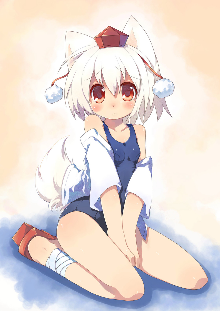 animal_ears bandages bare_shoulders between_legs blush geta hand_between_legs hat highres inubashiri_momiji kneeling looking_at_viewer non-web_source off_shoulder one-piece_swimsuit open_clothes red_eyes scan school_swimsuit shirt short_hair silver_hair solo swimsuit tail tareme tengu-geta toba_hiyoko tokin_hat touhou v_arms wolf_ears wolf_tail