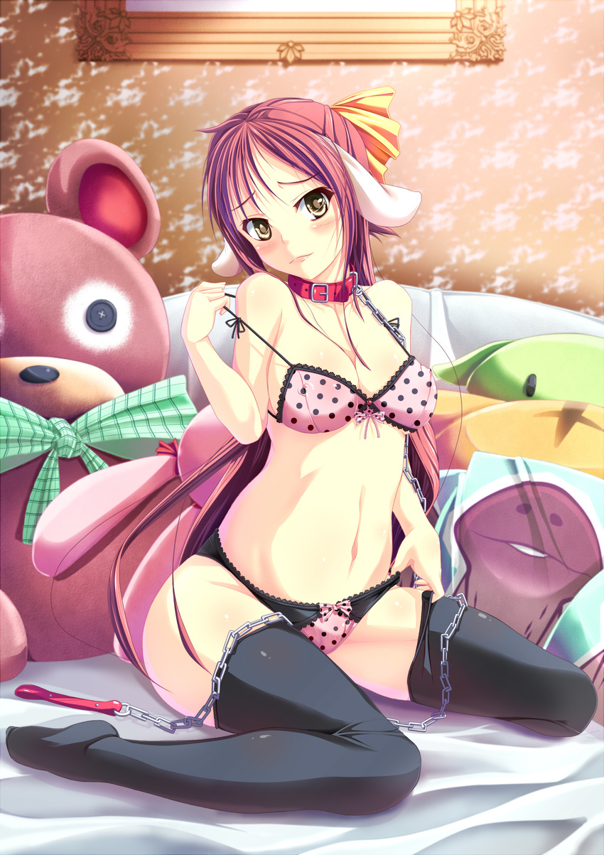 absurdres animal_ears blush bra breasts cleavage collar cyoppu hair_ornament highres large_breasts leash lingerie long_hair original panties polka_dot polka_dot_bra polka_dot_panties red_hair shiny shiny_skin sitting solo strap_pull thighhighs underwear underwear_only wariza yellow_eyes