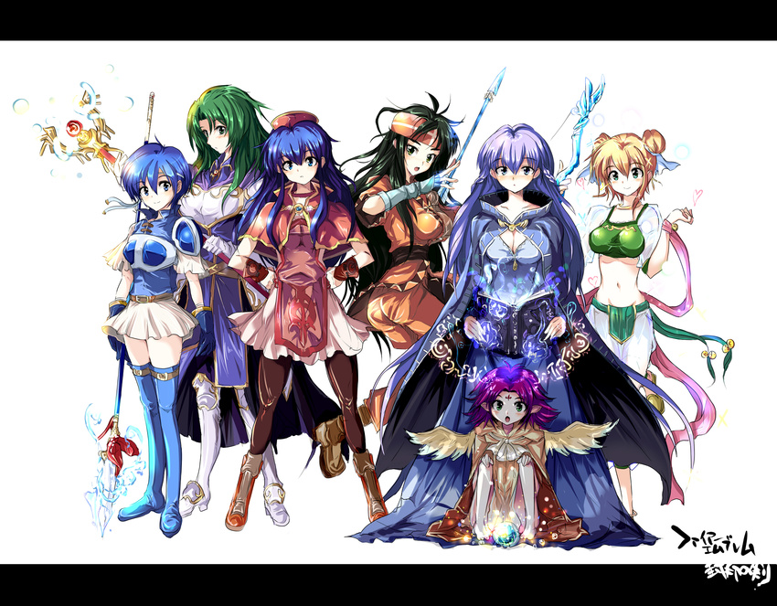 :o armor arrow bad_id bad_pixiv_id barefoot bell blue_eyes blue_hair blush book boots bow_(weapon) breasts brown_hair cape capelet cecilia_(fire_emblem) circlet cleavage cloak dancer double_bun dress echizen_(hvcv) fa facial_mark fingerless_gloves fire_emblem fire_emblem:_fuuin_no_tsurugi forehead_mark gloves green_eyes green_hair hands_on_hips hat headband heart highres lalum large_breasts letterboxed lilina long_hair magic mamkute midriff multiple_girls orb pantyhose pink_hair polearm purple_hair ribbon see-through short_hair skirt smile sofiya spear staff sue_(fire_emblem) thany thigh_boots thighhighs very_long_hair weapon wings zettai_ryouiki