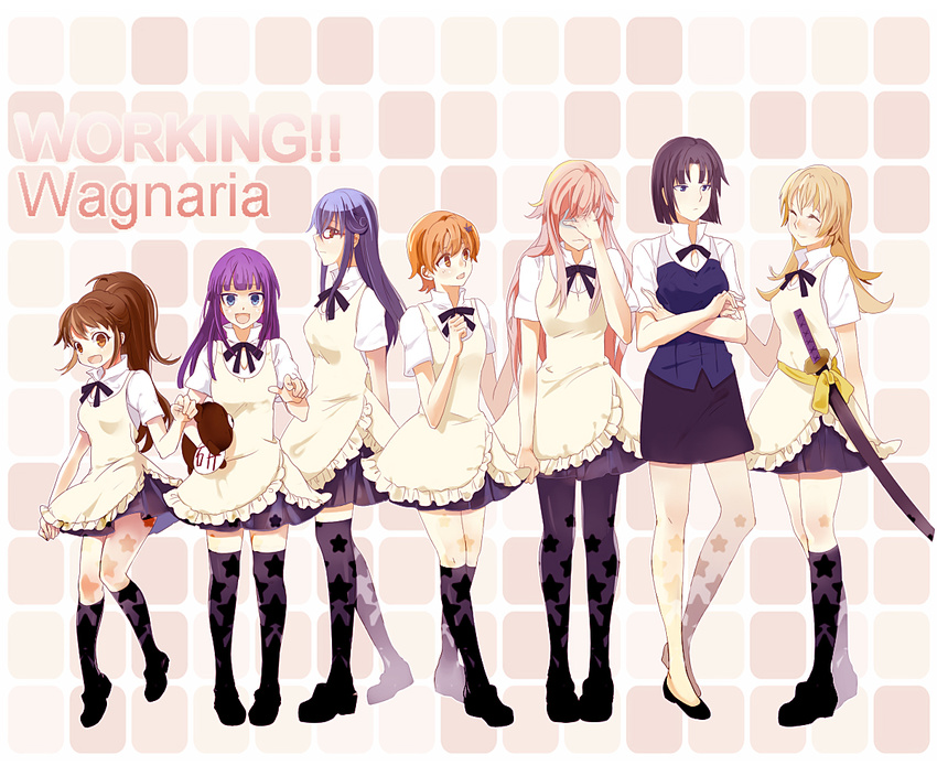 6+girls :d ^_^ black_hair black_legwear blonde_hair blue_eyes blue_hair brown_eyes brown_hair closed_eyes daisy_(working!!) facepalm fengshen9489 full_body inami_mahiru long_hair matsumoto_maya multiple_girls odd_one_out open_mouth orange_hair otoko_no_ko pantyhose pink_hair purple_hair shirafuji_kyouko short_hair smile standing stuffed_animal stuffed_toy sword takanashi_kotori takanashi_souta taneshima_popura teddy_bear thighhighs todoroki_yachiyo waitress weapon working!! yamada_aoi zettai_ryouiki