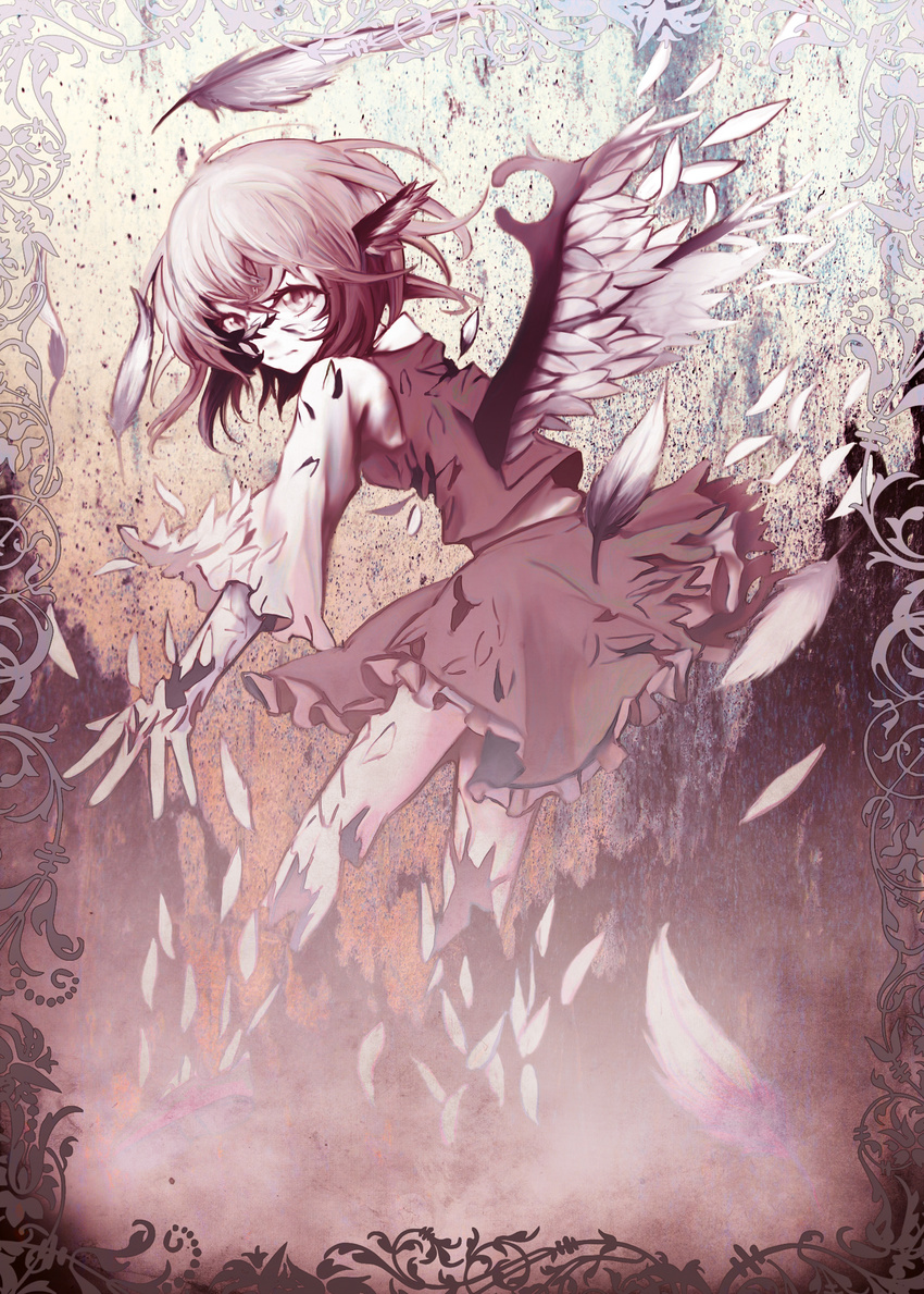 animal_ears bangs bird_wings border brown_dress closed_mouth destruction dissolving dress eruza feathered_wings feathers frilled_dress frilled_skirt frilled_sleeves frills from_side highres leaning_forward long_sleeves looking_at_viewer looking_to_the_side messy_hair mystia_lorelei pink_eyes pink_hair serious shatter short_hair skirt solo spread_fingers standing touhou vest wide_sleeves wings
