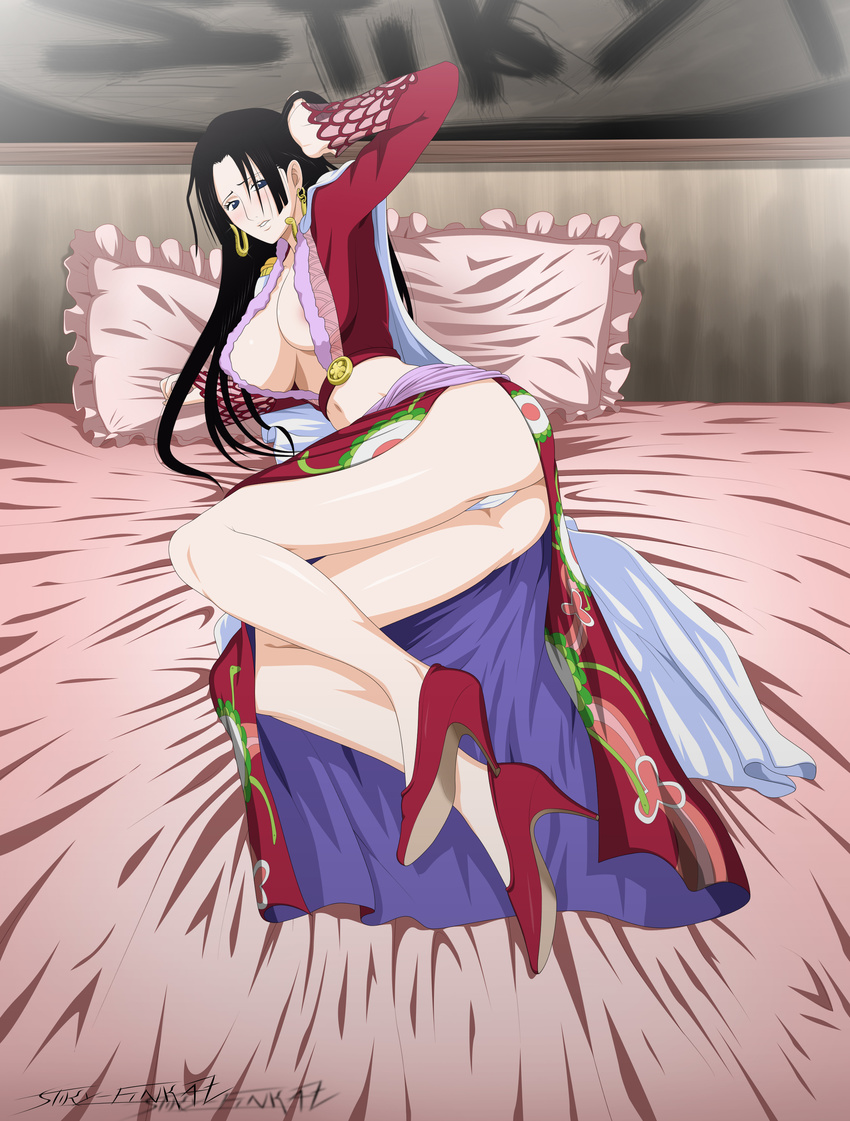 absurdres areolae ass bed black_hair blush boa_hancock breasts cleavage high_heels highres huge_ass large_breasts legs long_hair long_legs lying nigou on_side one_piece panties pantyshot pillow shoes solo stiky_finkaz thighs underwear upskirt white_panties