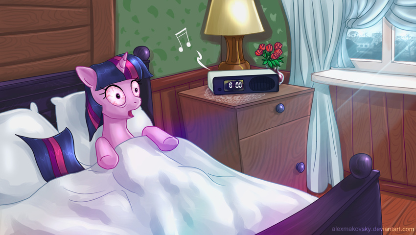 alarm_clock alexmakovsky bed blanket clock covers equine female feral flower friendship_is_magic hair horn horse lamp mammal morning musical_note my_little_pony open_mouth pillow pink_hair pony purple_eyes purple_hair solo surprise twilight_sparkle_(mlp) two_color_hair two_tone_hair unicorn window