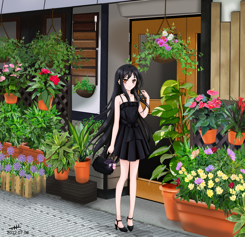 accel_world antenna_hair anthurium bare_arms black_dress black_footwear black_hair brown_eyes dated door dress flower high_heels highres kuroyukihime long_hair long_legs nihility plant potted_plant shoes short_dress sleeveless sleeveless_dress solo standing very_long_hair