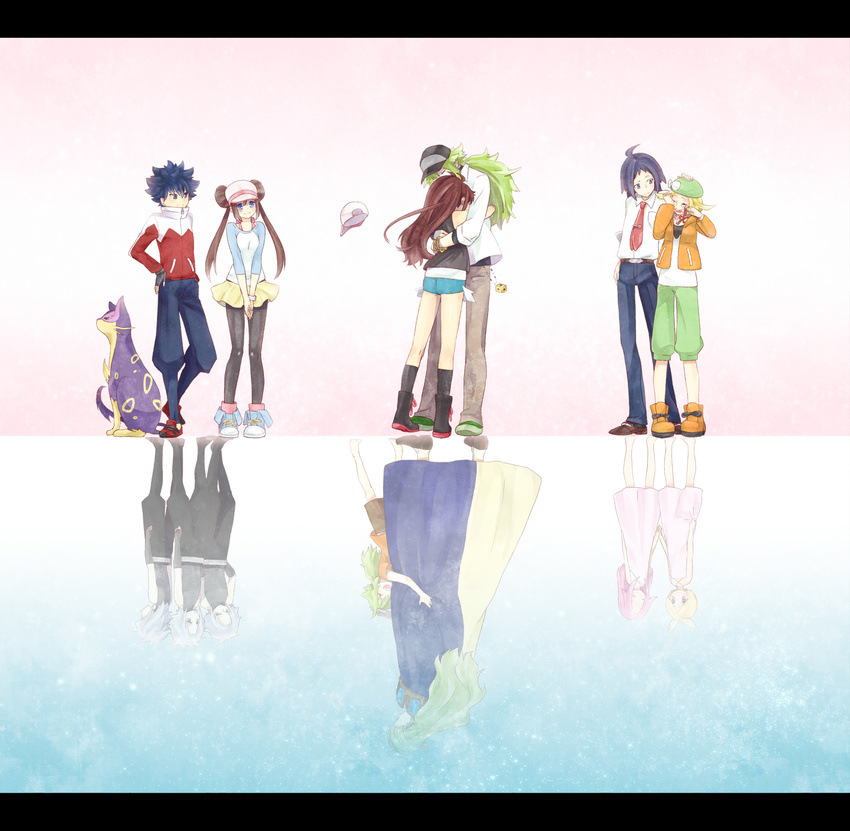 6+boys ^_^ ahoge anthea_(pokemon) bangs bare_legs barefoot baseball_cap bel_(pokemon) beret black_gloves black_hair black_legwear blonde_hair blue_eyes blush boots bracelet brown_hair cheren_(pokemon) child closed_eyes coat concordia_(pokemon) crying dark_trinity different_reflection double_bun dress elbow_gloves eyewear_removed father_and_son fingerless_gloves full_body geechisu_(pokemon) gen_5_pokemon glasses gloves green_hair hair_between_eyes hand_on_hip happy hat hat_removed hat_ribbon headwear_removed height_difference highres holding_hands hue_(pokemon) hug jacket jewelry leggings liepard long_hair long_sleeves looking_down mei_(pokemon) multiple_boys multiple_girls n_(pokemon) necktie noah_(livas) pants pantyhose parted_bangs pink_hair pokemon pokemon_(creature) pokemon_(game) pokemon_bw pokemon_bw2 ponytail raglan_sleeves reflection ribbon robe shoes short_hair short_shorts shorts silver_hair skirt sleeveless smile sneakers spiked_hair tears teeth touko_(pokemon) twintails v_arms very_long_hair visor_cap younger