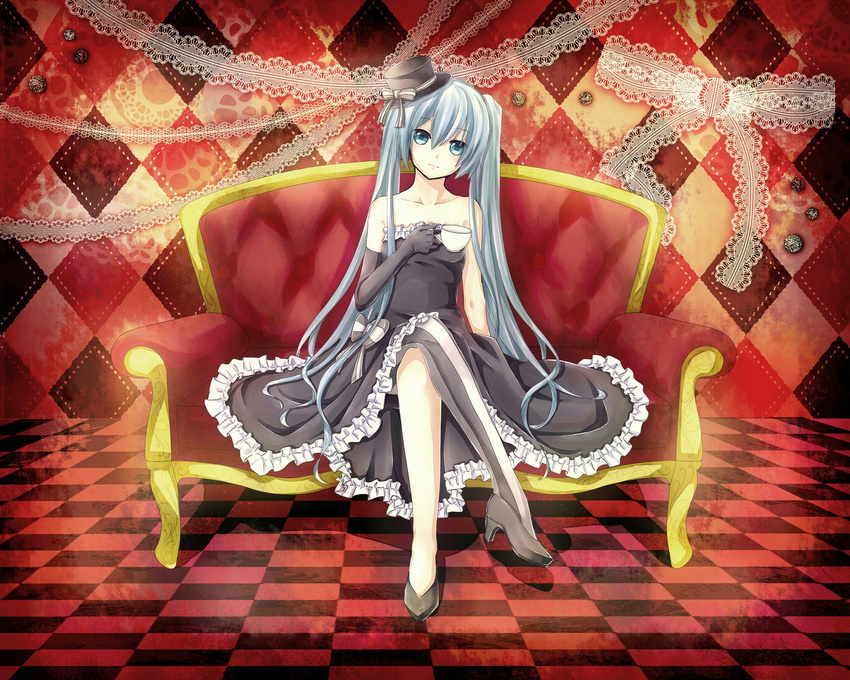 aqua_eyes aqua_hair argyle argyle_background bare_shoulders checkered checkered_floor collarbone couch crossed_legs cup dress elbow_gloves gloves hat hatsune_miku head_tilt high_heels long_hair mil2 mini_hat mini_top_hat shoes single_elbow_glove single_glove single_thighhigh sitting solo striped striped_legwear teacup thighhighs top_hat twintails vertical-striped_legwear vertical_stripes very_long_hair vocaloid