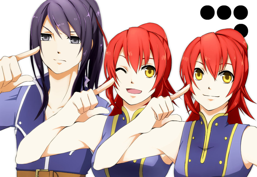 1boy 2girls bare_shoulders belt breasts chastel_aiheap grey_eyes hisca_aiheap long_hair multiple_girls open_mouth ponytail purple_hair red_hair tales_of_(series) tales_of_vesperia tales_of_vesperia:_the_first_strike wink yellow_eyes yuri_lowell