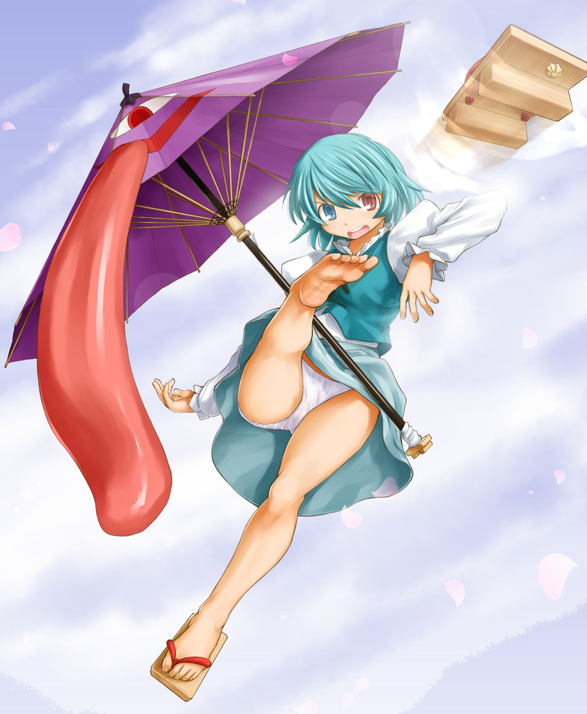 barefoot blue_eyes blue_hair geta heterochromia highres karakasa_obake kasuga_yukihito kicking long_tongue open_mouth panties pantyshot petals purple_umbrella red_eyes revision shoe_loss shoes shoes_removed short_hair single_shoe skirt solo tatara_kogasa tongue touhou umbrella underwear white_panties