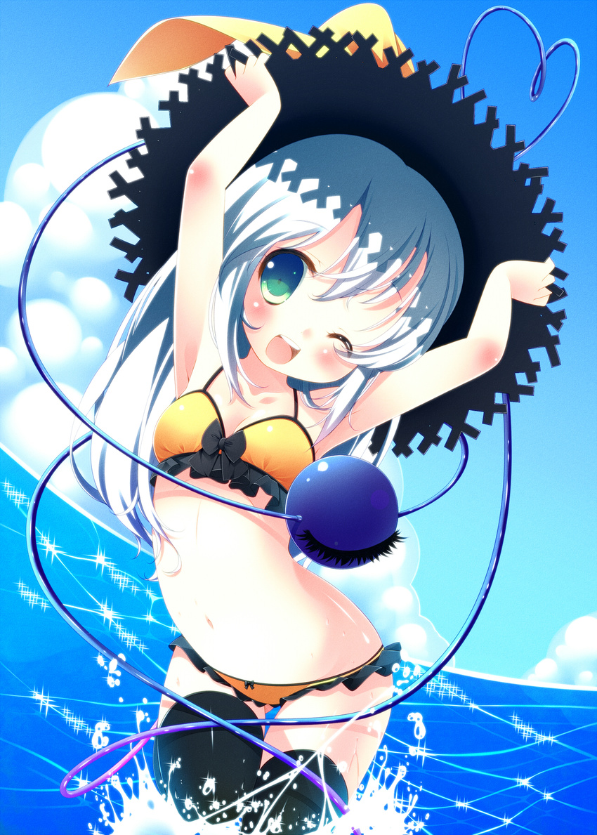 ;d adapted_costume bikini black_legwear blush frilled_bikini frills green_eyes hat highres komeiji_koishi long_hair navel one_eye_closed open_mouth silver_hair smile solo swimsuit thighhighs third_eye touhou water yellow_bikini zefa_(neoaltemice)