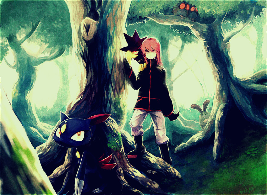 boots forest gen_2_pokemon gloves glowing glowing_eyes hoothoot murkrow nature pokemon pokemon_(creature) pokemon_(game) pokemon_gsc red_hair sentret silver_(pokemon) silver_eyes sneasel tetsuko_(tetsuko009) tree