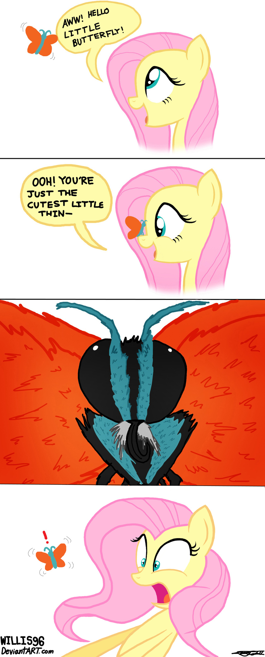 arthropod blue_eyes butterfly comic english_text equine female fluttershy_(mlp) friendship_is_magic horse humor insect joke mammal my_little_pony pegasus plain_background pony scared spongebob_squarepants text white_background willis96 wings