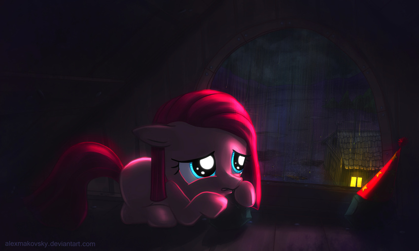 attic barn blue_eyes building detailed_background equine female feral friendship_is_magic hair hat hi_res horse light mammal my_little_pony party_hat pink_hair pinkamena_(mlp) pinkie_pie_(mlp) pony rain rock sad solo window young