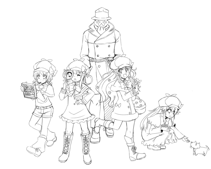 1boy 4girls abacus boots cordelia_glauca cross-laced_footwear crossover deerstalker dog flower food greyscale hair_flower hair_ornament hair_rings hand_on_hip hands_in_pockets hat hercule_barton highres kekekeke knee_boots lace-up_boots lineart magnifying_glass mask monochrome mouth_hold multiple_girls odd_one_out one_eye_closed pocky rorschach sherlock_shellingford squatting tantei_opera_milky_holmes trench_coat watchmen yuzurizaki_nero