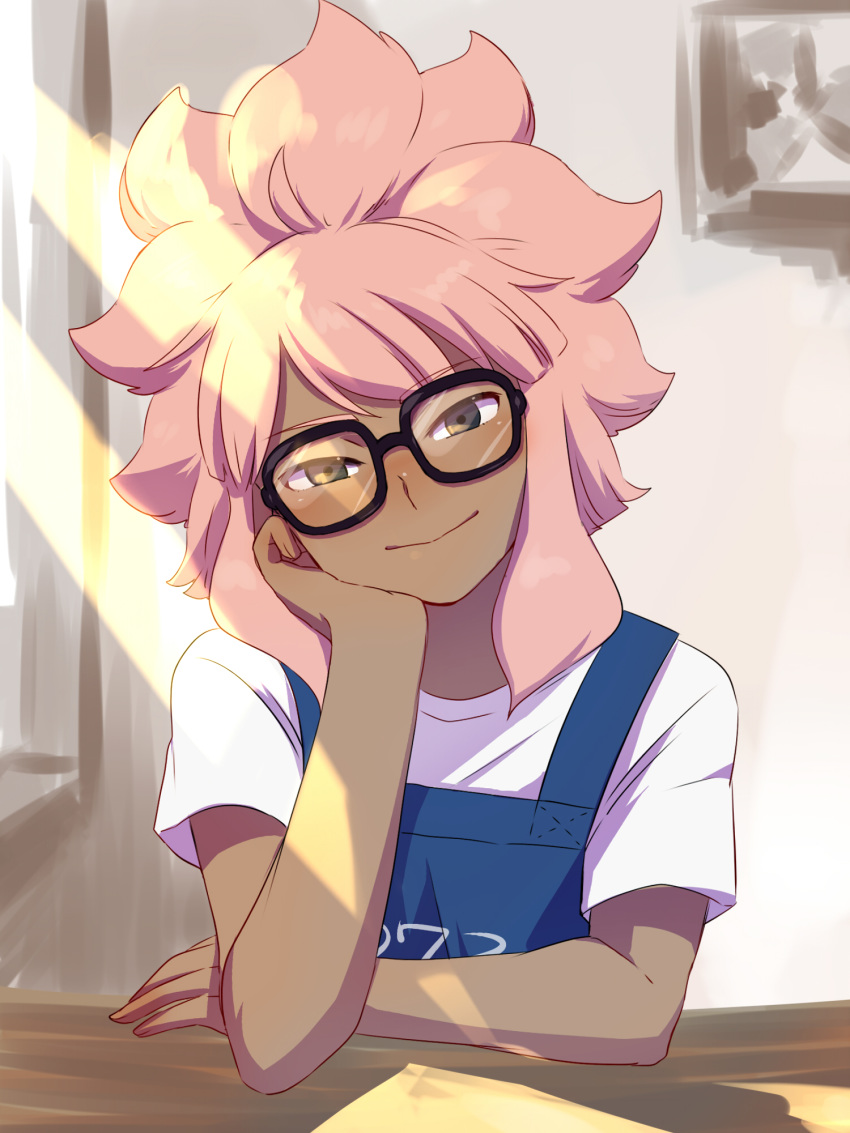 1boy :&gt; blush brown_eyes dark_skin dark_skinned_male goggles goggles_on_head highres inazuma_eleven inazuma_eleven_(series) long_hair looking_at_viewer male_focus overalls pink_hair shiroabe smile tsunami_jousuke