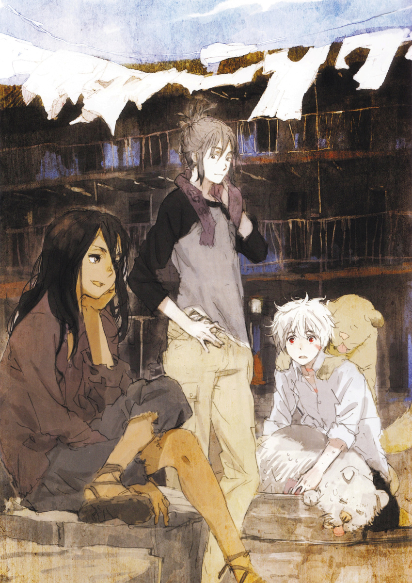 2boys absurdres black_eyes black_hair chin_rest crossed_legs dog grey_hair highres inukashi laundry long_hair multiple_boys nezumi_(no.6) no.6 red_eyes scan shion_(no.6) sitting standing toi8 white_hair