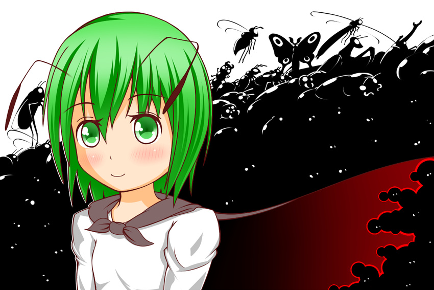 antennae bad_id bad_pixiv_id bee beetle blush_stickers bug butterfly cape centipede dragonfly firefly green_eyes green_hair insect light_smile long_sleeves looking_at_viewer minaka praying_mantis rhinoceros_beetle short_hair solo touhou transparent_background wriggle_nightbug