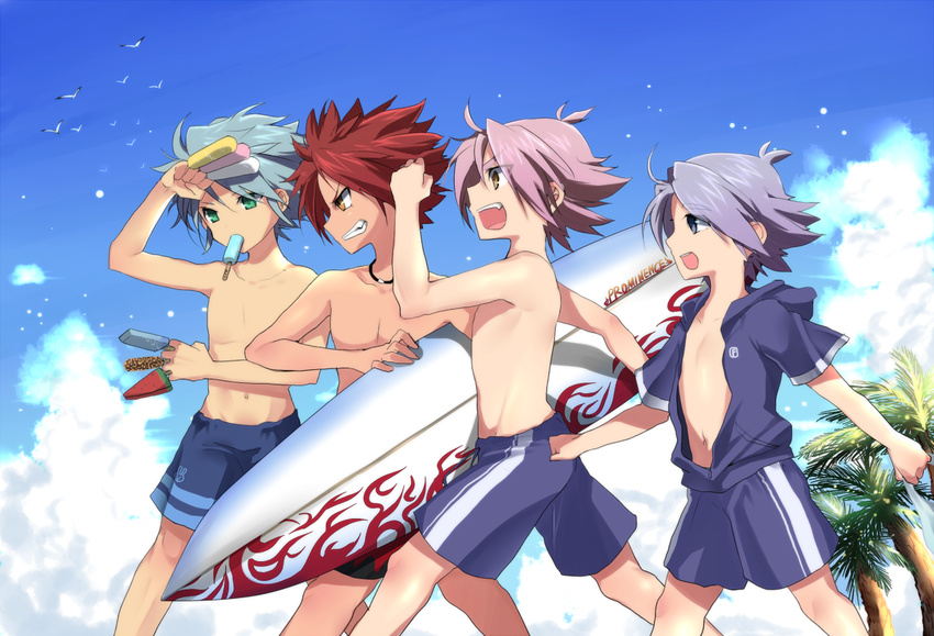 bad_id bad_pixiv_id beach bird cloud day food fubuki_atsuya fubuki_shirou inazuma_eleven inazuma_eleven_(series) male_focus male_swimwear matarou_(genkai_toppa) multiple_boys nagumo_haruya open_clothes open_mouth outdoors palm_tree popsicle shirtless shorts sky surfboard suzuno_fuusuke swim_trunks swimwear tree watermelon_bar