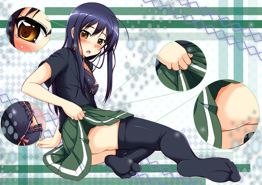 accel_world black_hair blush bra brown_eyes cla_(torinabe) kuroyukihime long_hair open_mouth school_uniform solo thighhighs umesato_middle_school_uniform underwear