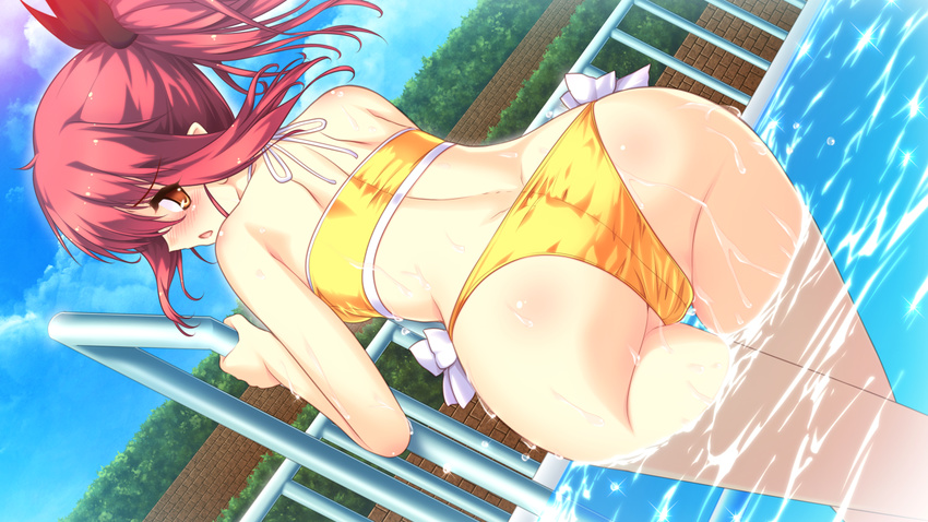 ass bikini blush colorful_cure etoiles game_cg ichinose_hanatsu moric pool red_hair swimsuit wet