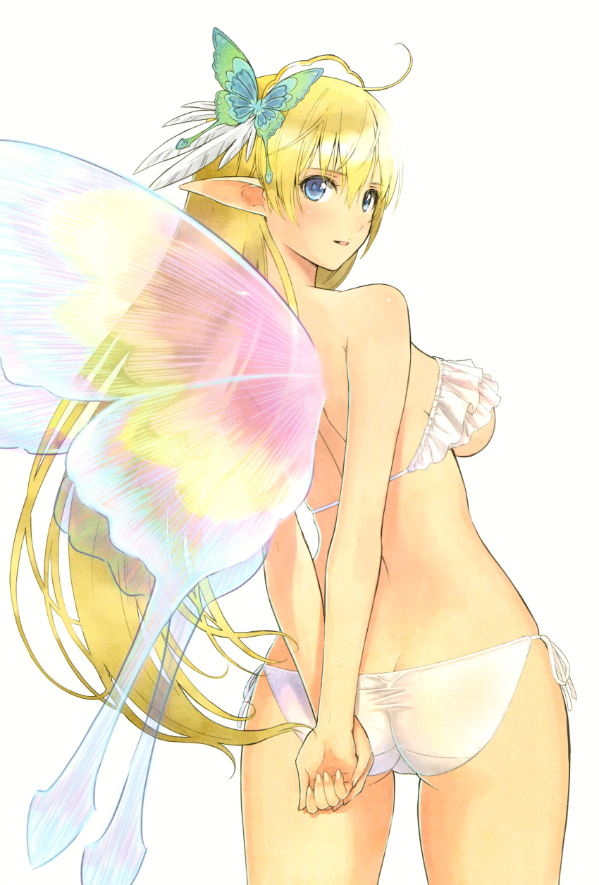 1girl absurdres arms_behind_back ass bangs bikini blonde_hair blush breasts butt_crack butterfly_hair_ornament butterfly_wings elf elwing_ra-nah_sylphith feathers fingernails from_behind hair_ornament highres looking_at_viewer looking_back medium_breasts parted_lips pointy_ears scan shining_(series) shining_tears shiny shiny_hair side-tie_bikini sideboob simple_background smile sol swimsuit tanaka_takayuki thighs underboob white_bikini wings