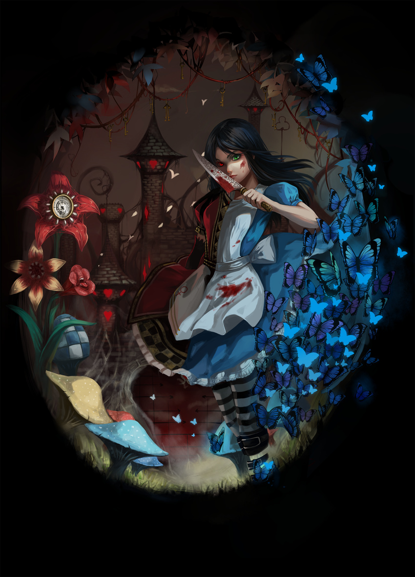 alice:_madness_returns alice_(wonderland) alice_in_wonderland alternate_costume american_mcgee's_alice bad_id bad_pixiv_id belt black_hair boots bug butterfly dress gloves green_eyes highres insect jewelry knife necklace red_eyes solo thighhighs tower venus_symbol yii_(949244562)