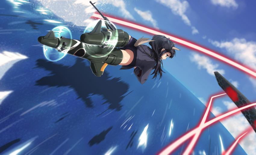 animal_ears black_hair day flying gun hattori_shizuka holding m-ya ocean ponytail school_swimsuit sky solo strike_witches striker_unit swimsuit swimsuit_under_clothes weapon world_witches_series
