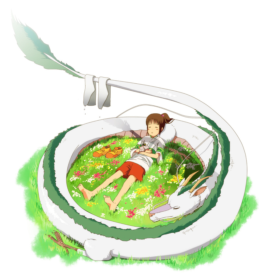 barefoot brown_hair closed_eyes dragon eastern_dragon flower haku_(sen_to_chihiro_no_kamikakushi) highres kurachin lying ogino_chihiro ponytail sen_to_chihiro_no_kamikakushi sleeping