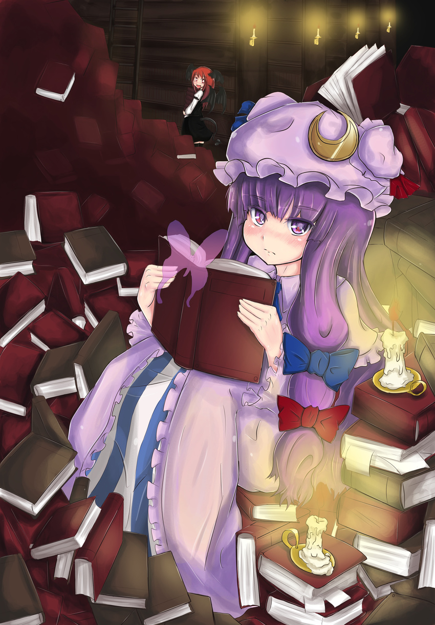:d absurdres b.d belt blush book book_stack bookshelf bow bug butterfly candle capelet carrying crescent demon_tail demon_wings fang fire frills hair_bow hat head_wings highres holding holding_book insect koakuma library long_hair long_skirt long_sleeves multiple_girls open_book open_mouth patchouli_knowledge pile_of_books purple_eyes purple_hair reading red_eyes red_hair sitting_on_books skirt smile tail too_many too_many_books touhou very_long_hair voile wide_sleeves wings