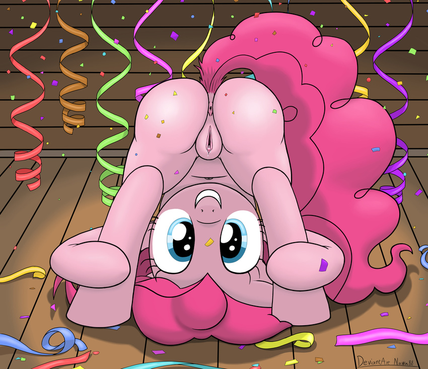 absurd_res anus blue_eyes butt confetti equine female feral friendship_is_magic hair hi_res horse long_hair looking_at_viewer mammal my_little_pony nawa88 party pink_hair pinkie_pie_(mlp) pony presenting pussy pussy_juice smile solo