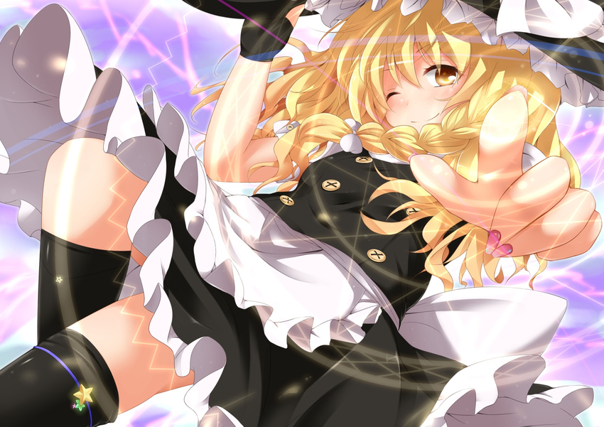 black_legwear blonde_hair braid chro fingerless_gloves gloves hat highres kirisame_marisa long_hair one_eye_closed skirt smile solo star thighhighs touhou yellow_eyes