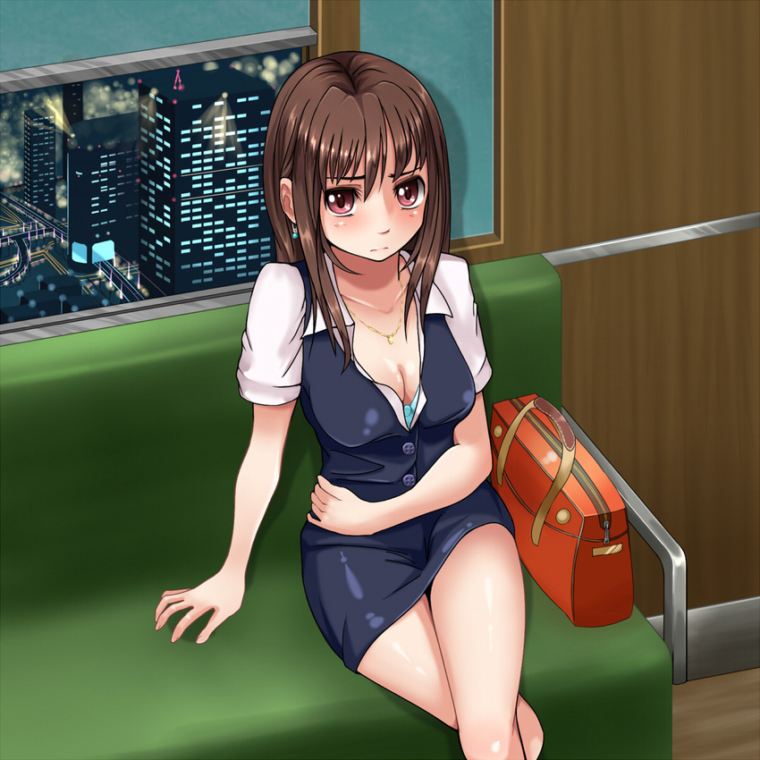 1girl bag belted belted_dress blush bra breasts brown_hair clasped_dress cleavage constrained_dress cramped_dress earrings formal frown girded_dress highres jammed_dress jewelry long_hair necklace nureshungiku office_lady original pinched_dress pressed_dress red_eyes ribboned_dress sitting skirt slinky_dress snug_dress suit tight_dress underwear window