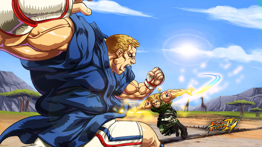 abel_(street_fighter) american_flag battle blonde_hair fingerless_gloves giraffe gloves guile highres manly multiple_boys muscle sonic_boom street_fighter street_fighter_iv_(series) tattoo