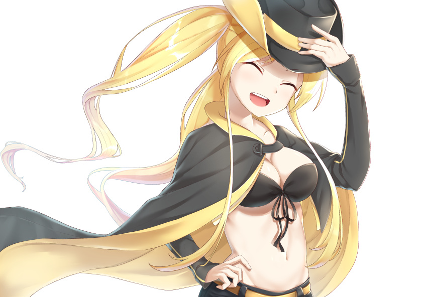 1girl absurdres azur_lane bangs belt blonde_hair breasts cape cleavage commentary_request cowboy_hat eyebrows_visible_through_hair eyes_closed front-tie_top hat highres hornet_(azur_lane) kimidori3_karla large_breasts long_hair navel open_mouth short_shorts shorts solo twintails upper_body very_long_hair white_background