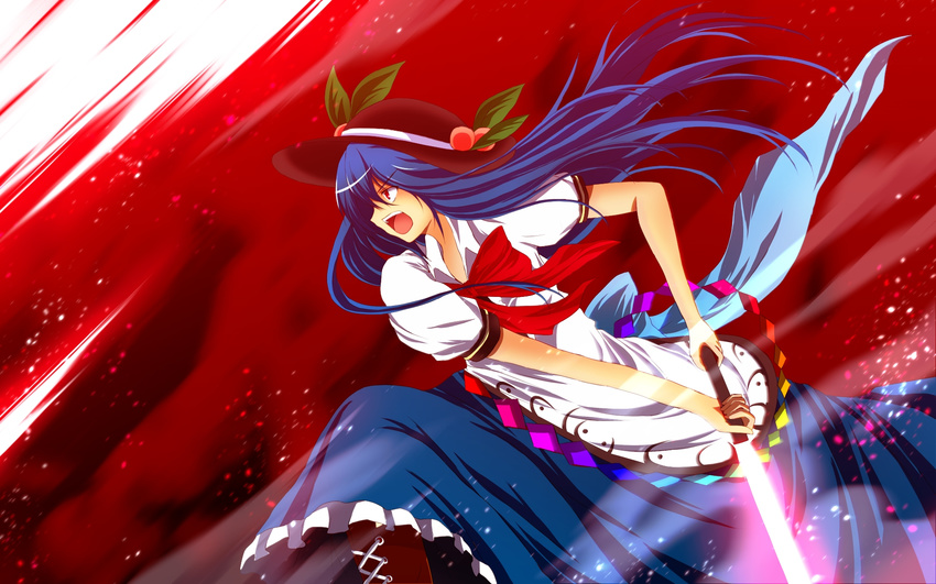 bad_id bad_pixiv_id blue_hair bow cross-laced_footwear food fruit hat highres hinanawi_tenshi leaf long_hair long_skirt nekominase open_mouth peach red_eyes short_sleeves skirt solo sword sword_of_hisou touhou very_long_hair weapon