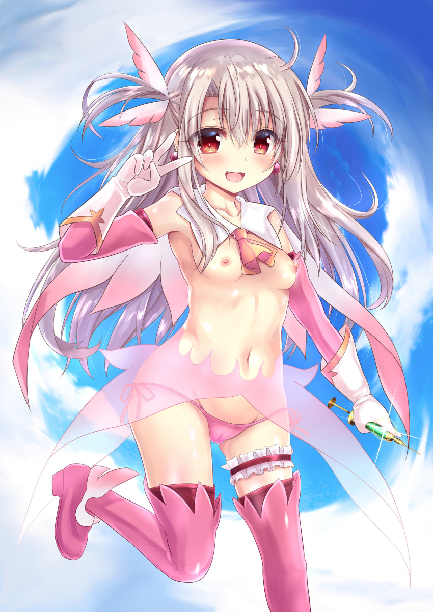 1girl :d bangs blue_sky blush boots breasts brown_hair cameltoe cloud cloudy_sky collarbone commentary_request day detached_sleeves earrings elbow_gloves eyebrows_visible_through_hair eyes_visible_through_hair fang fate/kaleid_liner_prisma_illya fate_(series) feathers glint gloves hair_between_eyes hair_feathers highres holding holding_syringe illyasviel_von_einzbern jewelry leg_garter long_hair long_sleeves looking_at_viewer nipples open_mouth outdoors panties pink_feathers pink_footwear pink_legwear pink_panties pink_sleeves prisma_illya red_eyes see-through shaian side-tie_panties sky small_breasts smile solo standing standing_on_one_leg syringe thigh_boots thighhighs two_side_up underwear v very_long_hair white_gloves