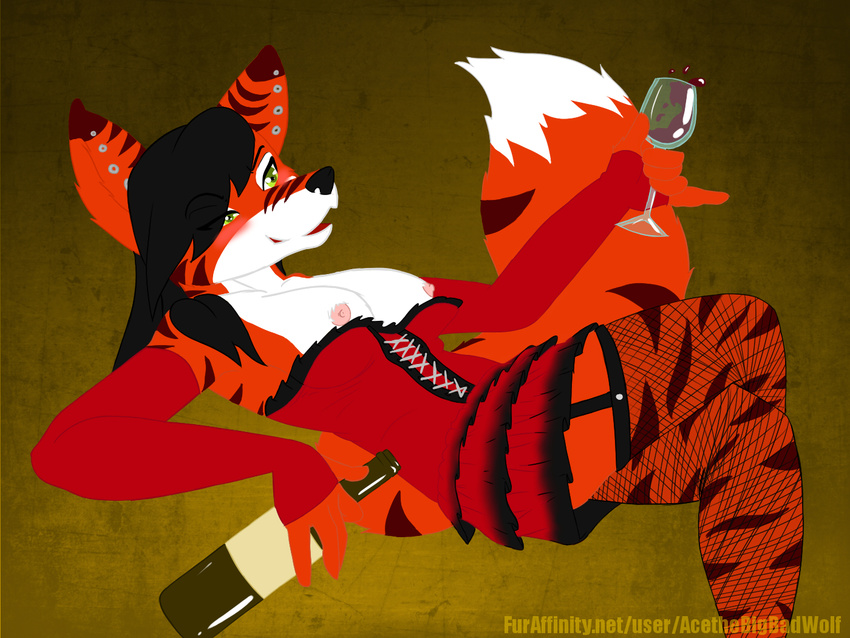 alcohol anthro arm_sleeves beverage blush breasts canine colored_lines corset crossed_legs drunk female fishnet flat_color fox glass green_eyes hair invalid_tag long_hair mammal nipples piercing spill stripes trixen watermark wine